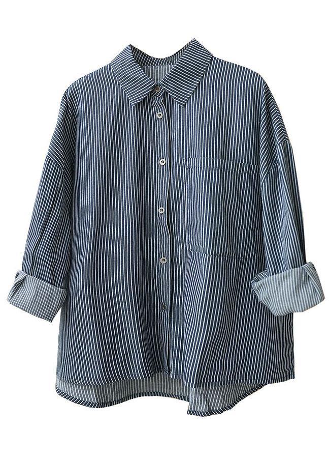 Italian Navy Striped Peterpan Collar Button Pockets Fall Top Long Sleeve