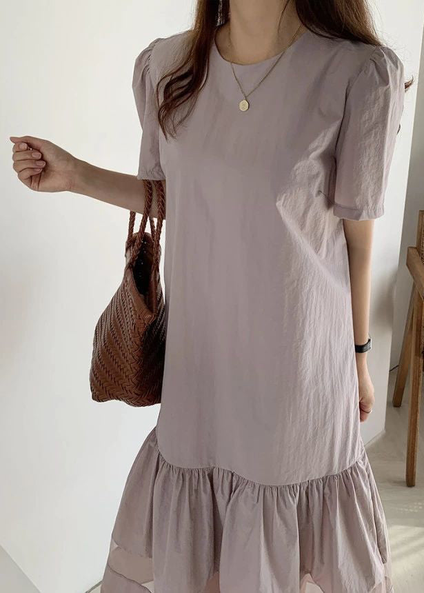 Fitted Light Purple O-neck Patchwork Wrinkled Cotton Long Dresses Summer