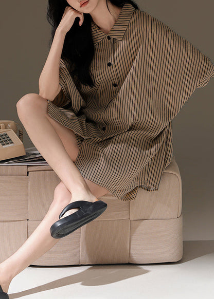 French Khaki Oversized Striped Cotton Two-piece Set Summer