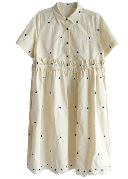 Unique Beige Yellow Peterpan Collar Button Embroideried Summer Cotton Vacation Dresses