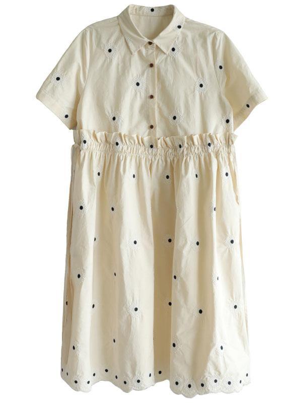 Unique Beige Yellow Peterpan Collar Button Embroideried Summer Cotton Vacation Dresses