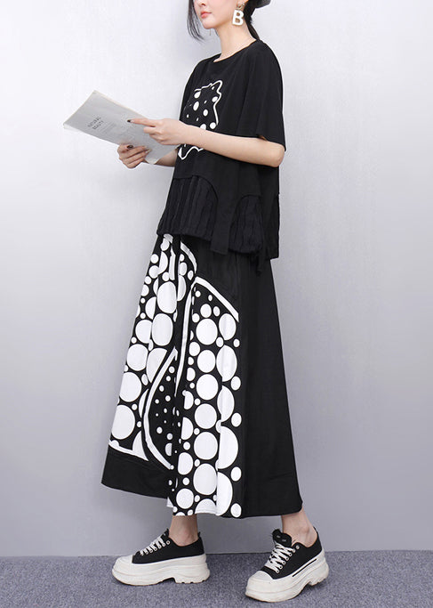 Black Print Patchwork Cotton Two Pieces Set Summer