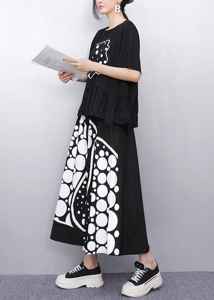 Black Print Patchwork Cotton Two Pieces Set Summer