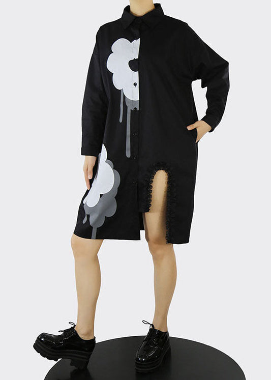 Black Asymmetrical Design Ruffled Shirt Dresses Spring