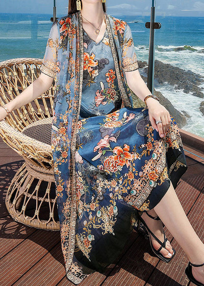Fine Blue V Neck Print Silk Fake Two Piece Vacation Dresses Short Sleeve