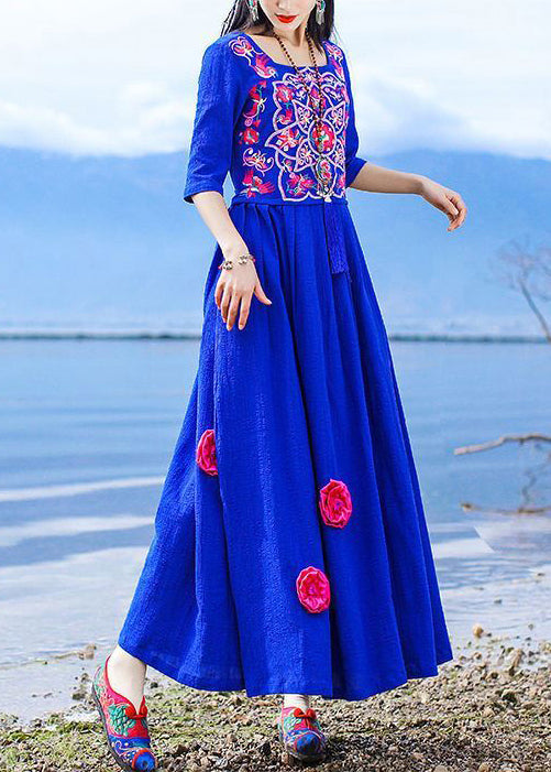 Blue Embroidered Tie Waist Cotton Long Dress Half Sleeve