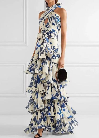 European and American Vacation Style Ruffled Print Dress Sleeveless