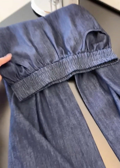 Navy Pockets Lace Patchwork Denim Wide Leg Pants Fall