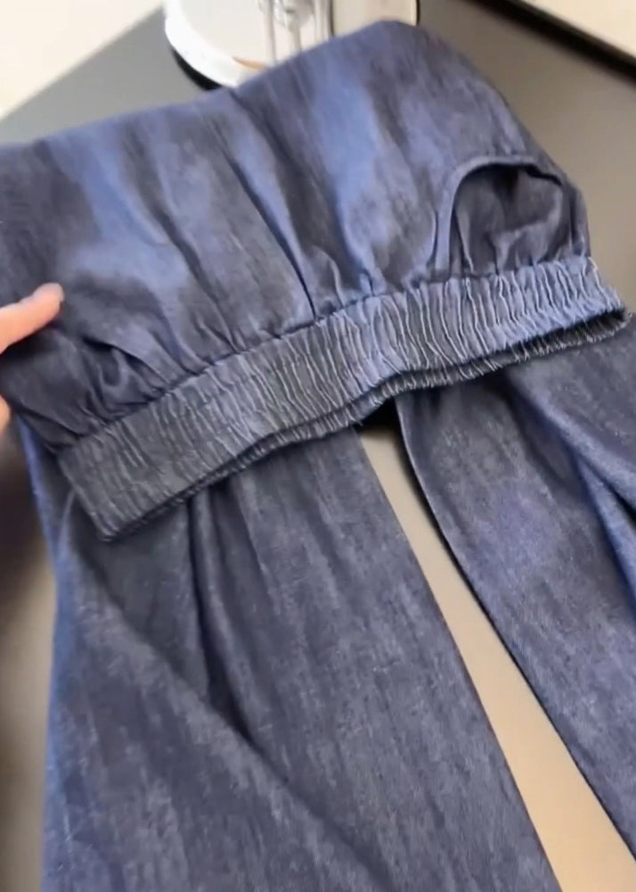 Navy Pockets Lace Patchwork Denim Wide Leg Pants Fall