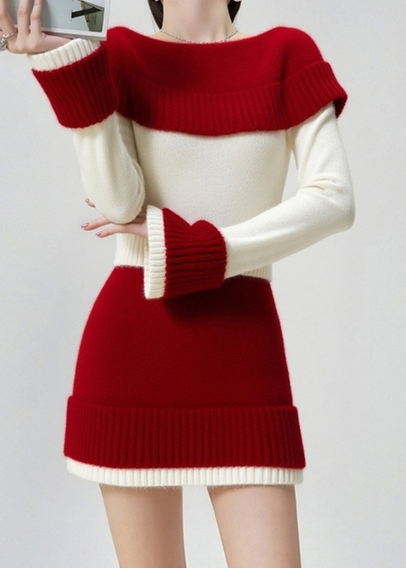 Colorblock Slash Neck Patchwork Knit Sweater and Skirt Two Pieces Set Fall
