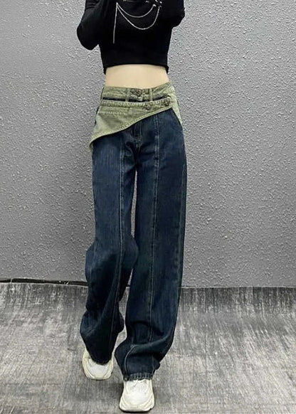 Handmade Blue Pockets Patchwork Denim Wide Leg Pants Spring