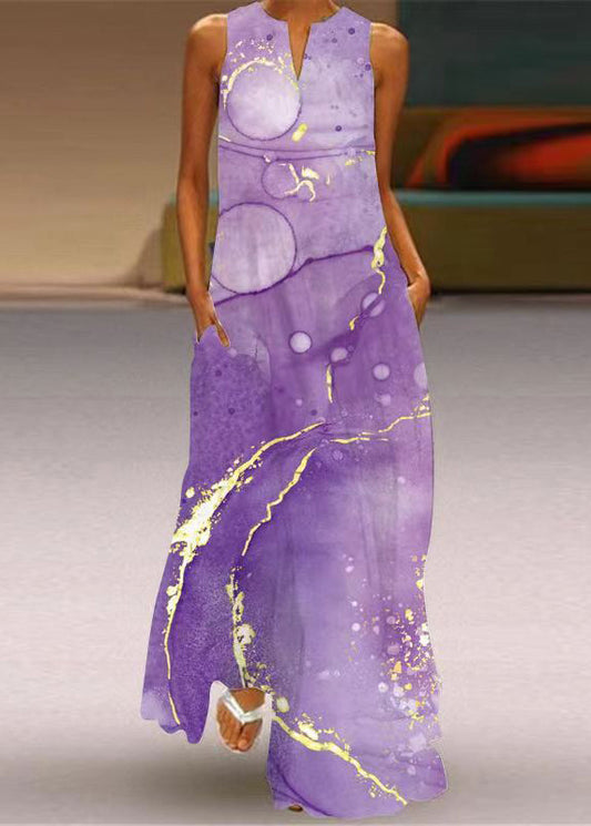 Purple V Neck Print Long Dress Summer