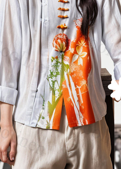 Beige Stand Collar Button Print Cotton Shirts Fall