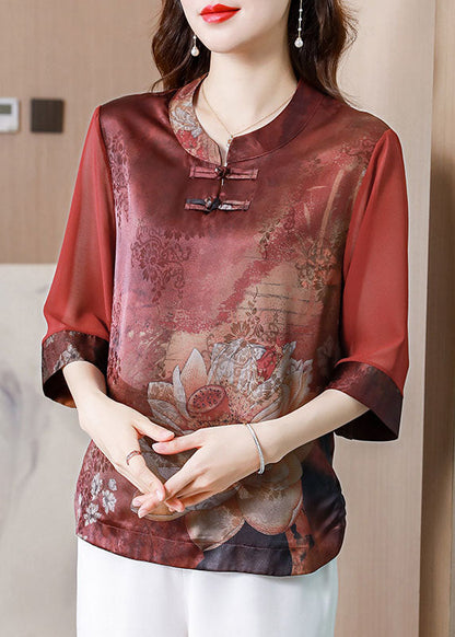 Red Stand Collar Print Patchwork Silk Blouses Summer