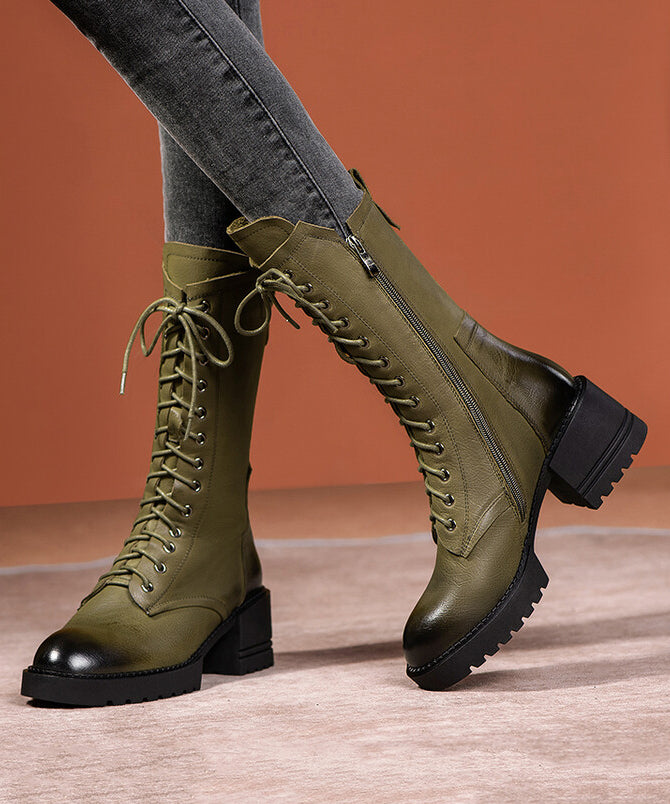 Splicing Chunky Boots Green Cowhide Leather Lace Up