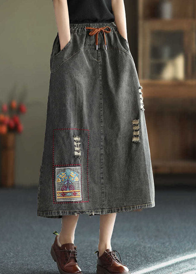 Black Side Open Embroideried Pockets Cotton Denim Ripped Skirt Summer