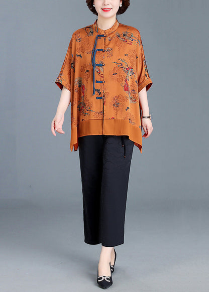 Yellow Stand Collar Button Patchwork Silk Two Pieces Set Half Sleeve