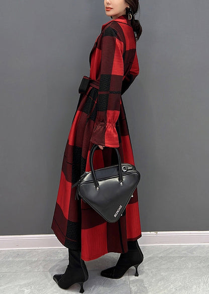 Red Notched Plaid Tie Waist Long Coats Fall
