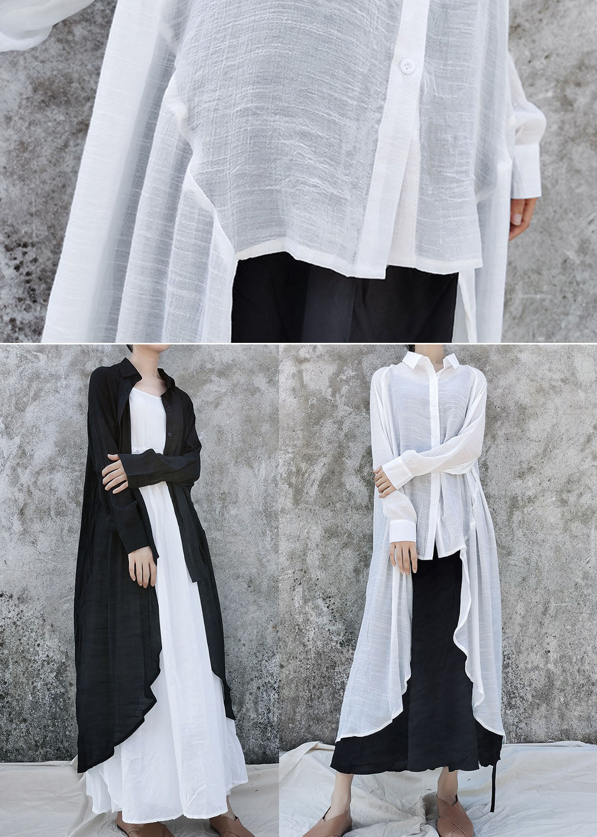 Loose Black Low High Design Peter Pan Collar Linen Tops Long Sleeve Fall