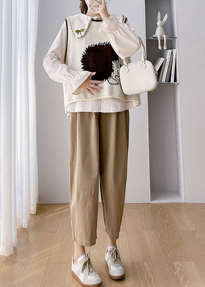 Unique Khaki Animal Print Knit Waistcoat Shirts and Crop Pants Three Piece Set Fall