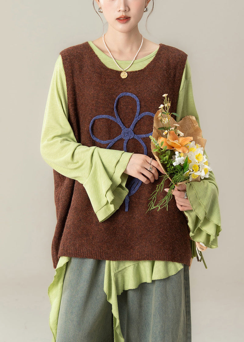 Art Green Asymmetrical T Shirts and Coffee Knit Vest Two Piece Set Flare Sleeve