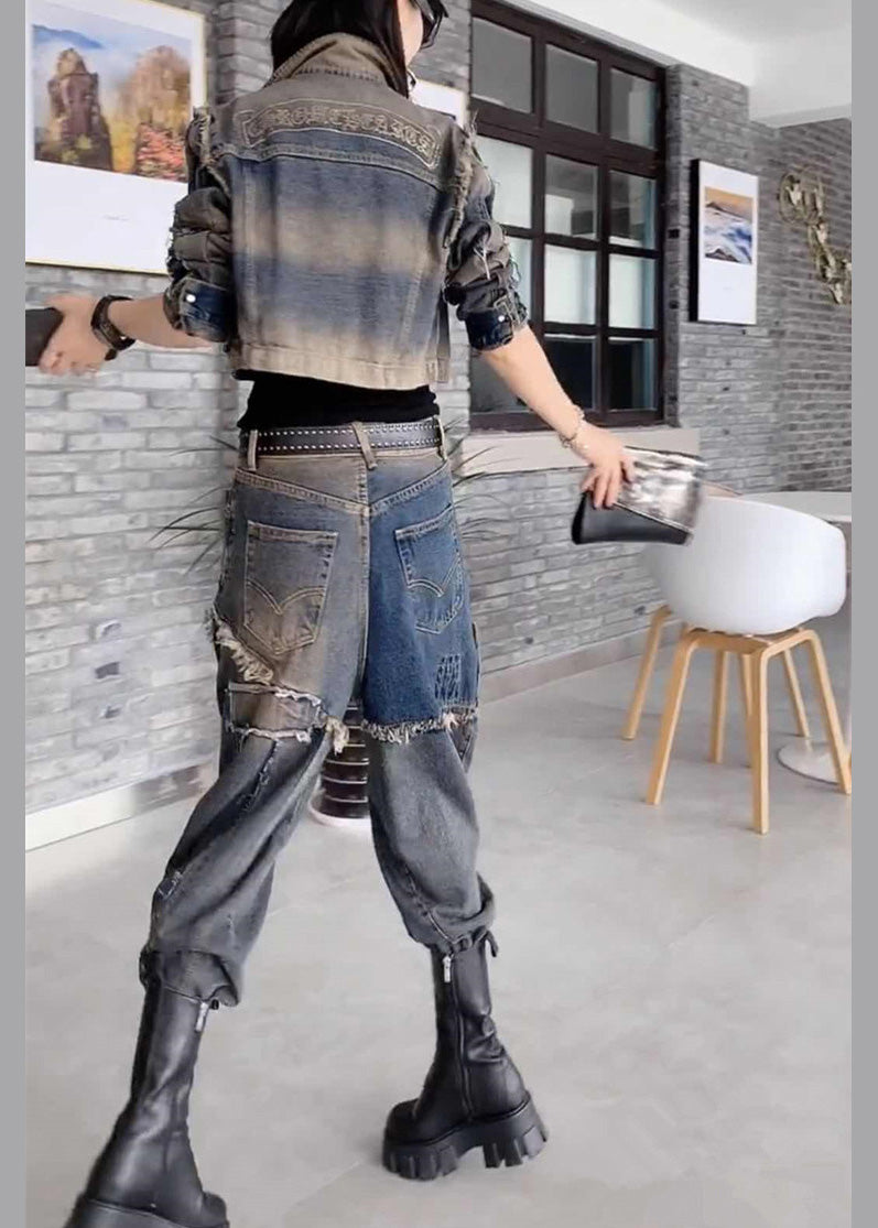 Handmade Grey Peter Pan Collar Patchwork Coats and Jeans Two Pieces Set Fall