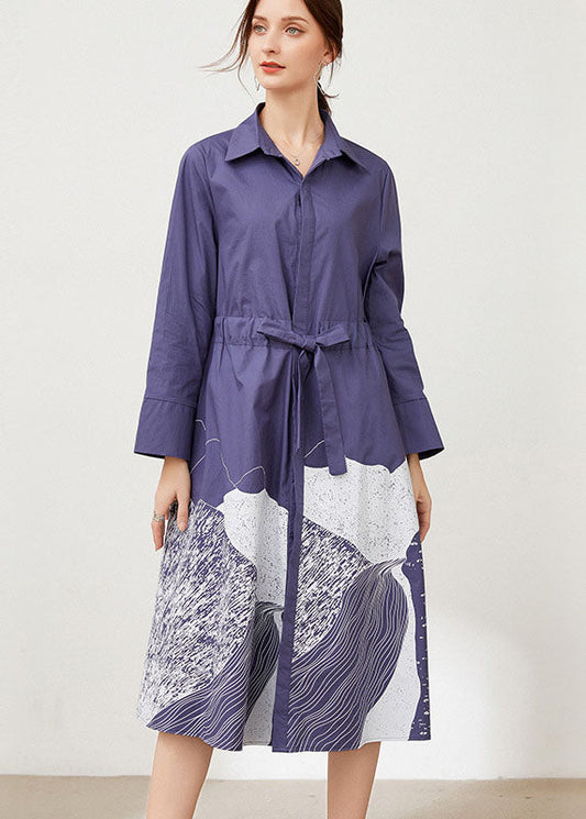 Blue Cinched Print Cotton Shirts Dresses Spring