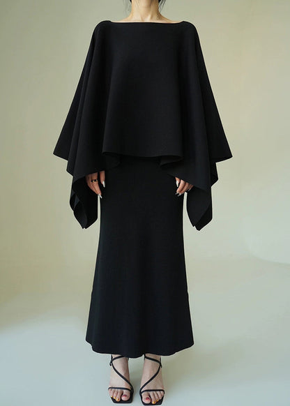 Black Knit Two Pieces Set O-neck Batwing Sleeve