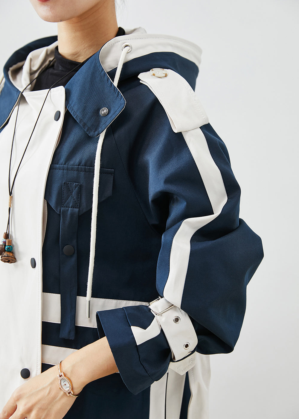 Navy Oversized Patchwork Original Design Cotton Trench Coats Fall