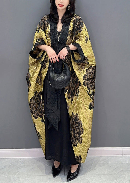 Chinese Style Yellow Patchwork Cotton Cardigan Batwing Sleeve