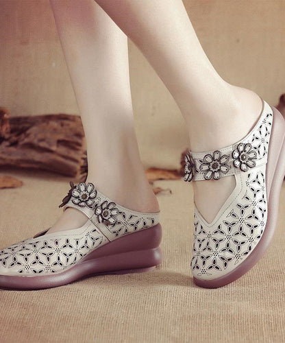 Beige Splicing Cowhide Leather Wedge Slide Sandals Hollow Out