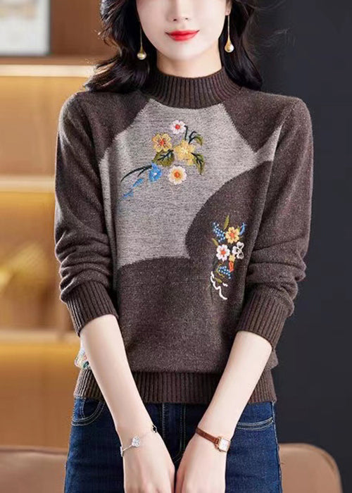 Wine Red Embroidered Patchwork Knit Sweater Tops Winter