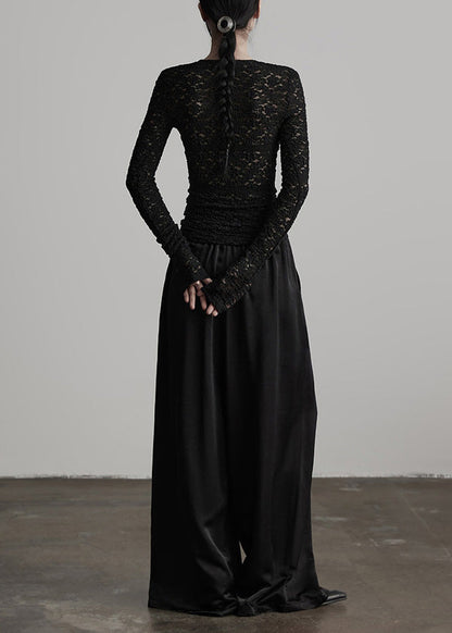 Stylish Black Wrinkled Elastic Waist Silk Pants Fall