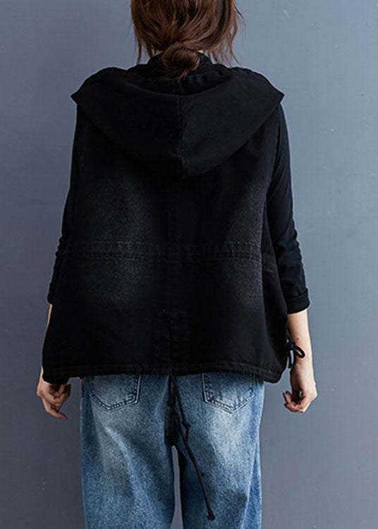 Unique Black Hooded Button Denim Trench Sleeveless Vest