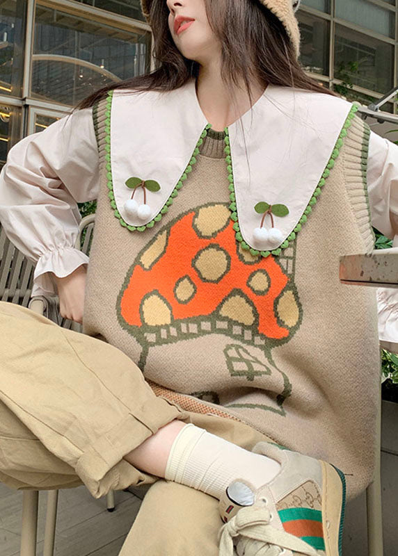 Novelty Khaki Print Knit Waistcoat and Shirts Two Piece Set Fall