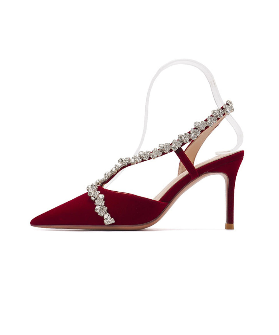 Mulberry Stiletto Suede High Heels Zircon Pointed Toe