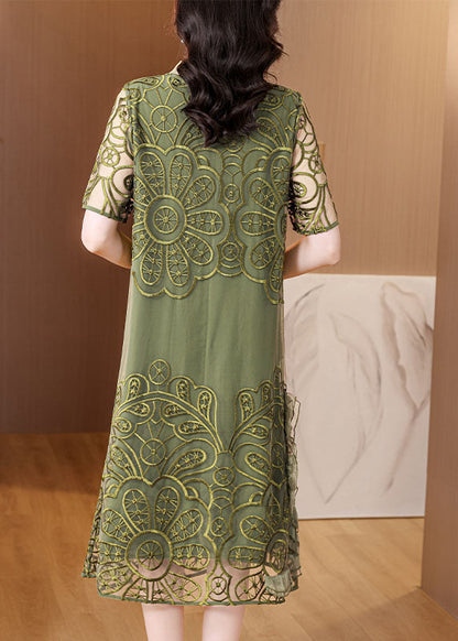 Green Embroideried Ruffled Tulle Long Dresses Short Sleeve