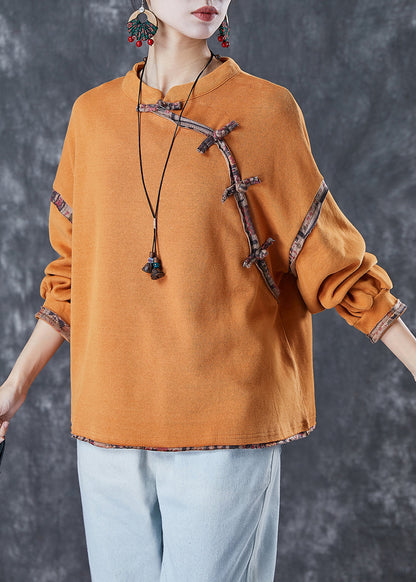 Orange Chinese Button Patchwork Cotton Shirt Tops Spring