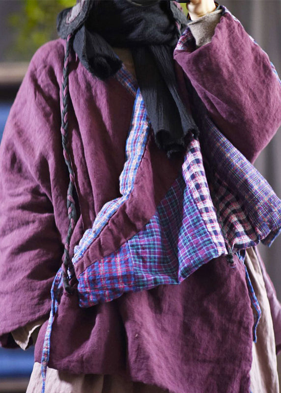 Purple V Neck Lace Up Patchwork Fine Cotton Filled Coats Winter