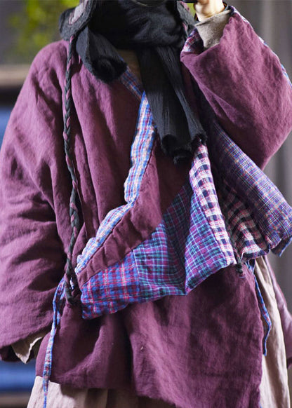 Purple V Neck Lace Up Patchwork Fine Cotton Filled Coats Winter