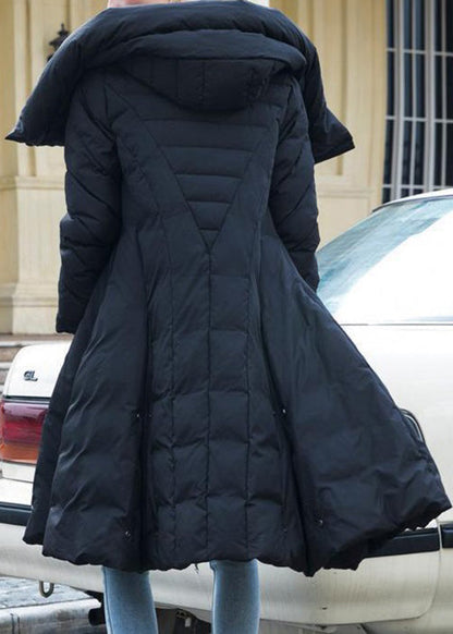 Black Hooded Asymmetrical Button Cotton Blend Coat Winter