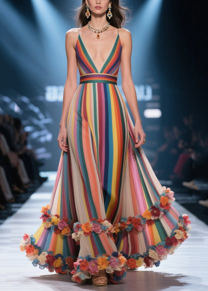 Multicolour Striped Flower Decorated Chiffon Evening Dress Summer
