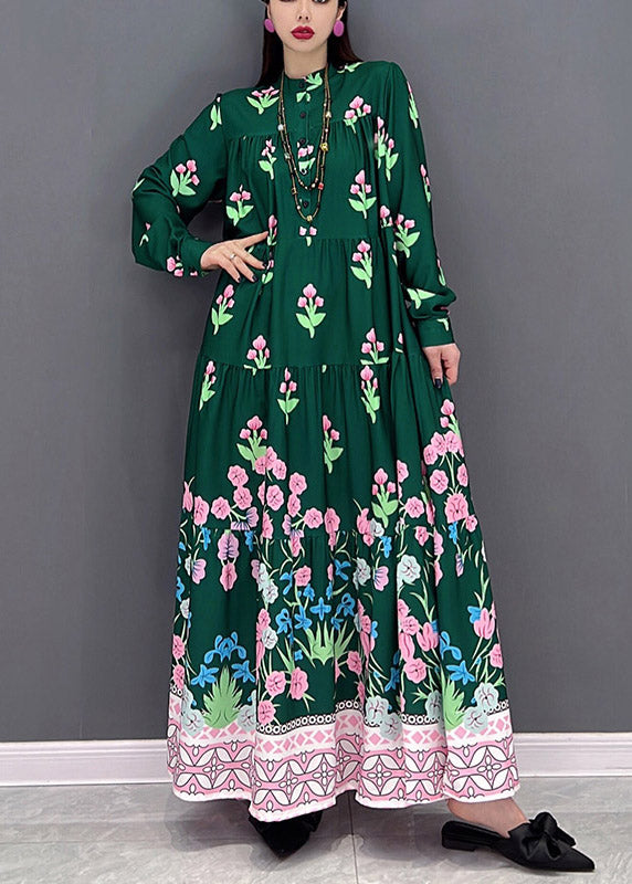 Green Print Long Beach Dresses Wrinkled Long Sleeve
