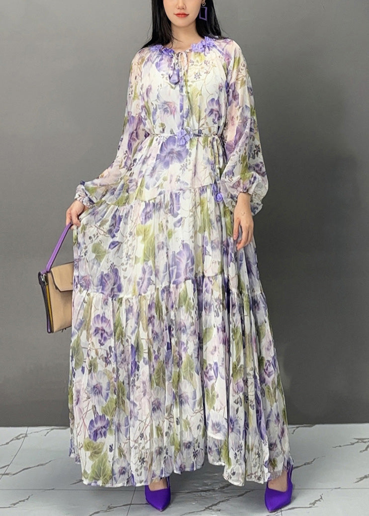 Purple Lace Up Print Chiffon Fall Long Dress