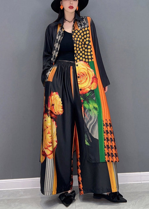 Red Peter Pan Collar Side Open Print Chiffon Long Shirt and Wide Leg Pants Two Piece Long Sleeve