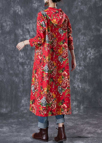 Red Hooded Print Warm Fleece Trench Coat Winter