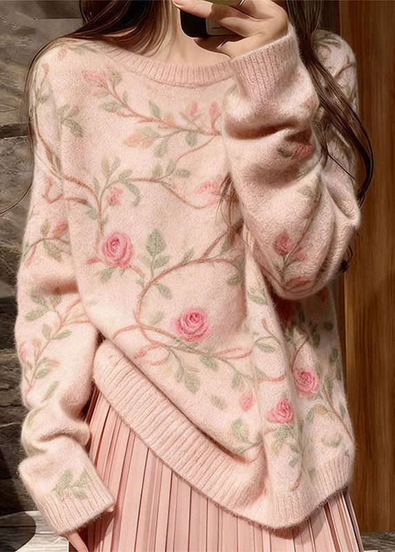 Style Pink O Neck Thick Knit Sweater Tops Winter
