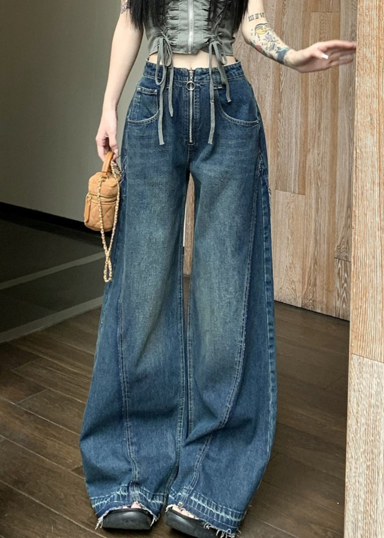 Blue Zip Up Pockets Denim Wide Leg Pants Summer