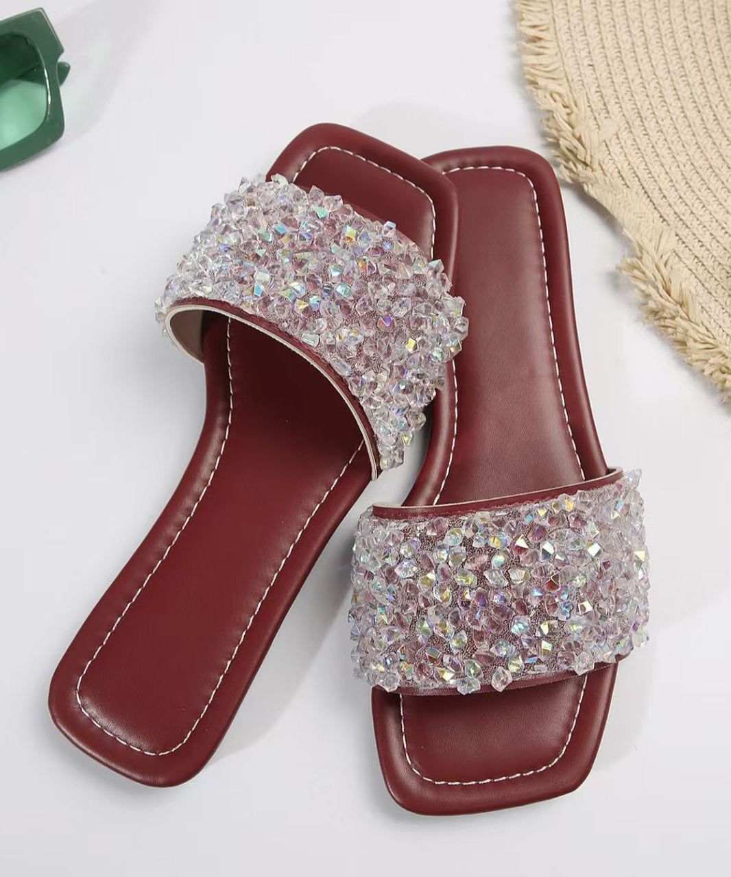 Sequins Splicing Wine Red Faux Leather Slide Sandals