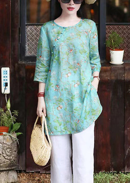 Green O Neck Print Linen Shirt Top Bracelet Sleeve
